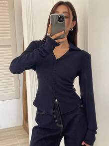 DAZY 女式 V 领长袖纽扣修身优雅简约衬衫 - 藏蓝色 - 查看 4