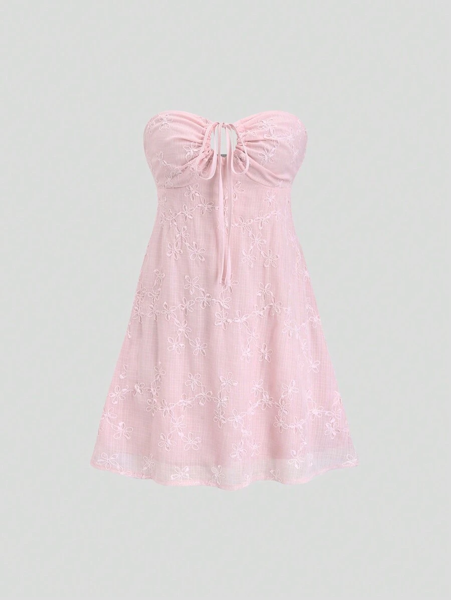 Sweetra Solid Color Circular Ornament Jacquard Bandeau Dress Y2K Outfit  - Pink - View 1