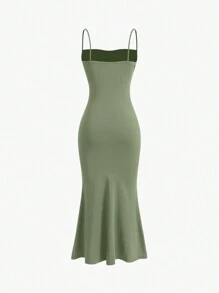 Sweetra Women's Solid Color Pleated Ruffle Hem Elegant Spaghetti Strap Dress, Summer Maxi Women Outfit - Mint Green - View 2