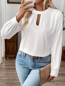 SHEIN LUNE 女士休闲露肩泡泡袖立领都市通勤时尚衬衫 - 白色 - 查看 5