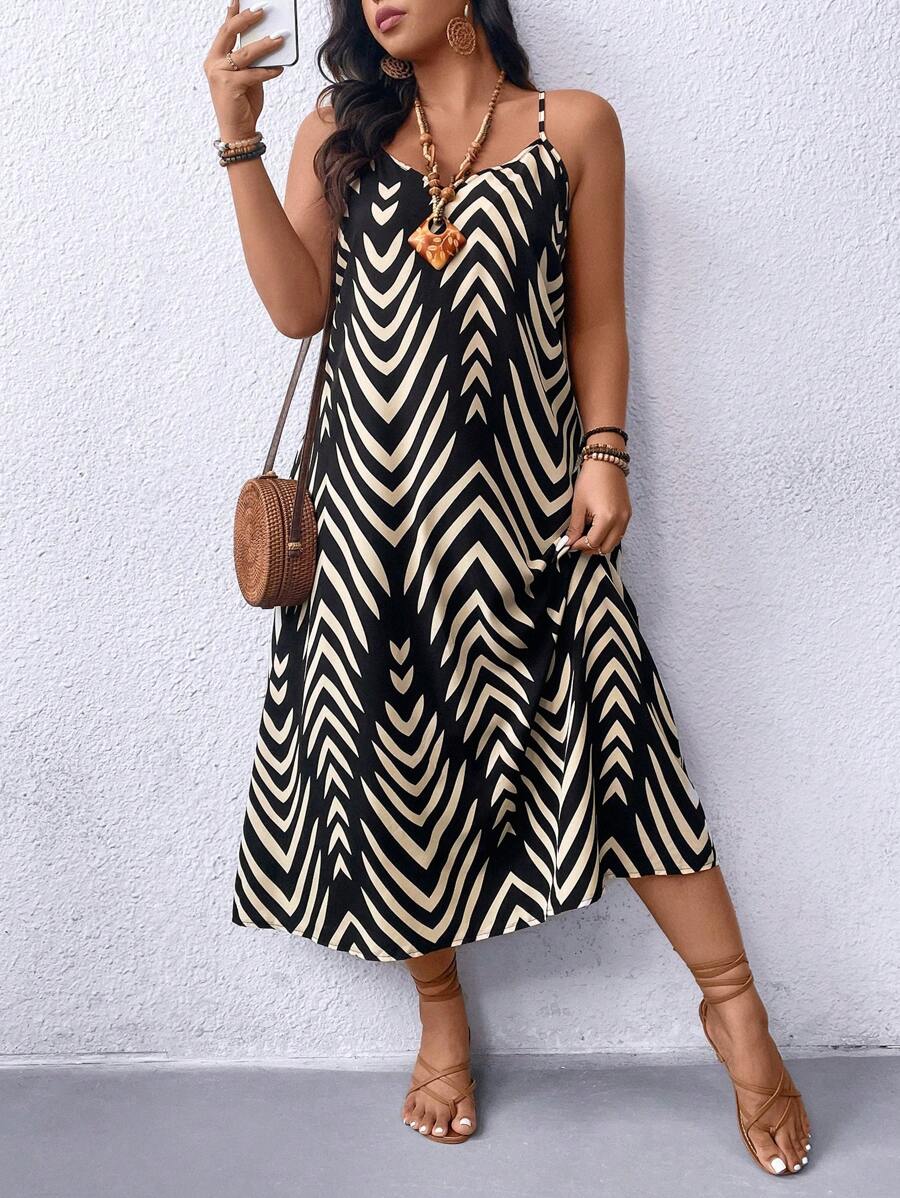 Linhara 大码女式夏季人字形印花细肩带连衣裙长款女装 - 彩色 - 查看 1