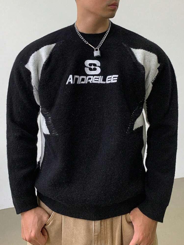 Men's Casual Contrast Color Patchwork & Letter Embroidered Sweater, Autumn