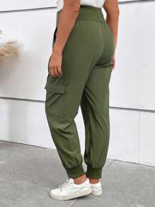 SHEIN LUNE Plus Size Green Pants With Pockets And Elastic Waist - Green - View 2