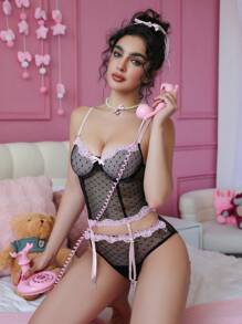 PetitDoll 女士撞色蕾丝吊带背心性感胸罩 - 黑色 - 查看 5