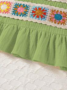 Ensemble 2 pièces haut à bretelles à imprimé floral et short en jean avec poches pour bébé fille - Vert - Voir 3
