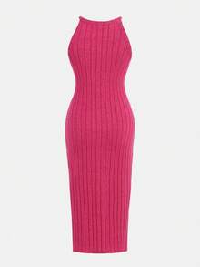 SHEIN Vestido casual rosa sin mangas de punto con cuello halter para adolescente - Rosa Fucsia - Ver 2