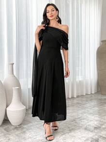 Modelyn Đầm Maxi Cổ Lưới Tương Phản Cho Nữ Trang Phục Dạ Hội Dài Vải Mùa Thu Cho Nữ - màu đen - Xem 8