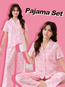 SHEIN 2 chiếc Teen Girl Ngọt Ngào In Hình Bướm Cổ Quần Tay Ngắn Dệt Kim Thoải Mái Bộ Đồ Ngủ - Hồng - Xem 1