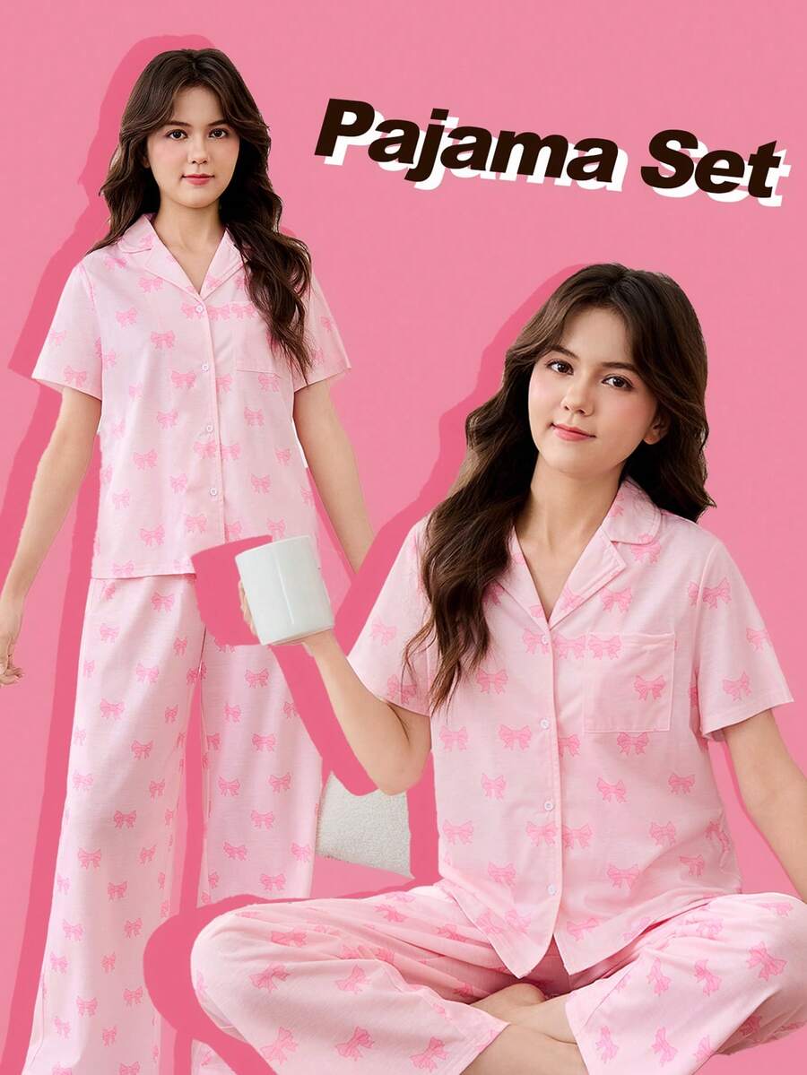 SHEIN 2 chiếc Teen Girl Ngọt Ngào In Hình Bướm Cổ Quần Tay Ngắn Dệt Kim Thoải Mái Bộ Đồ Ngủ - Hồng - Xem 1