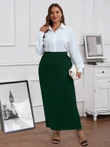 EMERY ROSE Falda larga recta de cintura alta de unicolor para mujeres de talla grande - Verde Oscuro - Ver 5