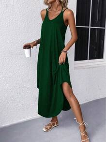SHEIN LUNE Váy dây đeo spaghetti hàng ngày đơn giản màu trơn cho nữ - xanh quân đội - Xem 5