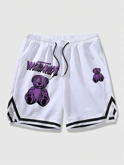 Street Life شورت رباط مخطط بطبعة الدب والحرف للرجال ، للمدرسة