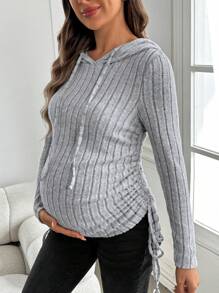 SHEIN Maternity Grey Striped Drawstring Side Crop Long Sleeve Hoodie Top - Grey - View 3