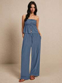 Poéselle Summer  Fashion Linen Two-Piece Set, Chest Is Top Chest Slit Lacing + Wide Leg Trousers Linen Two-Piece Set, Wear Comfortable And Breathable, Suitable For Commuting Holiday Home Wear Casual Solid Color Strapless Crop Top And Long Pants Set With Slit