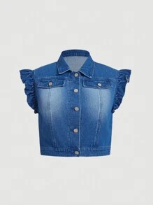 SHEIN MOD Plus Size Denim Jacket With Fitted Ruffle Vest, Blue