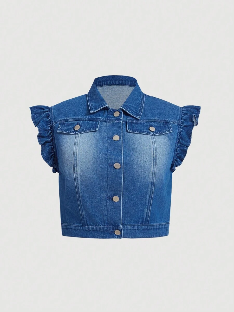 SHEIN MOD Plus Size Denim Jacket With Fitted Ruffle Vest, Blue