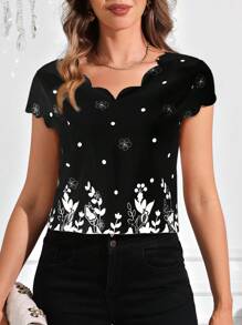 SHEIN Clasi Wave Collar Printed Women Short Sleeve Blouse,Sleeveless Tops - Black - View 4