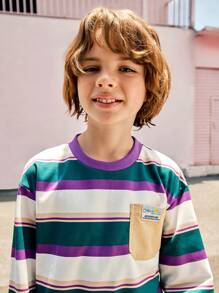 SHEIN Explorewe 青少年男孩休闲宽松条纹圆领运动衫，秋季 - 彩色 - 查看 9