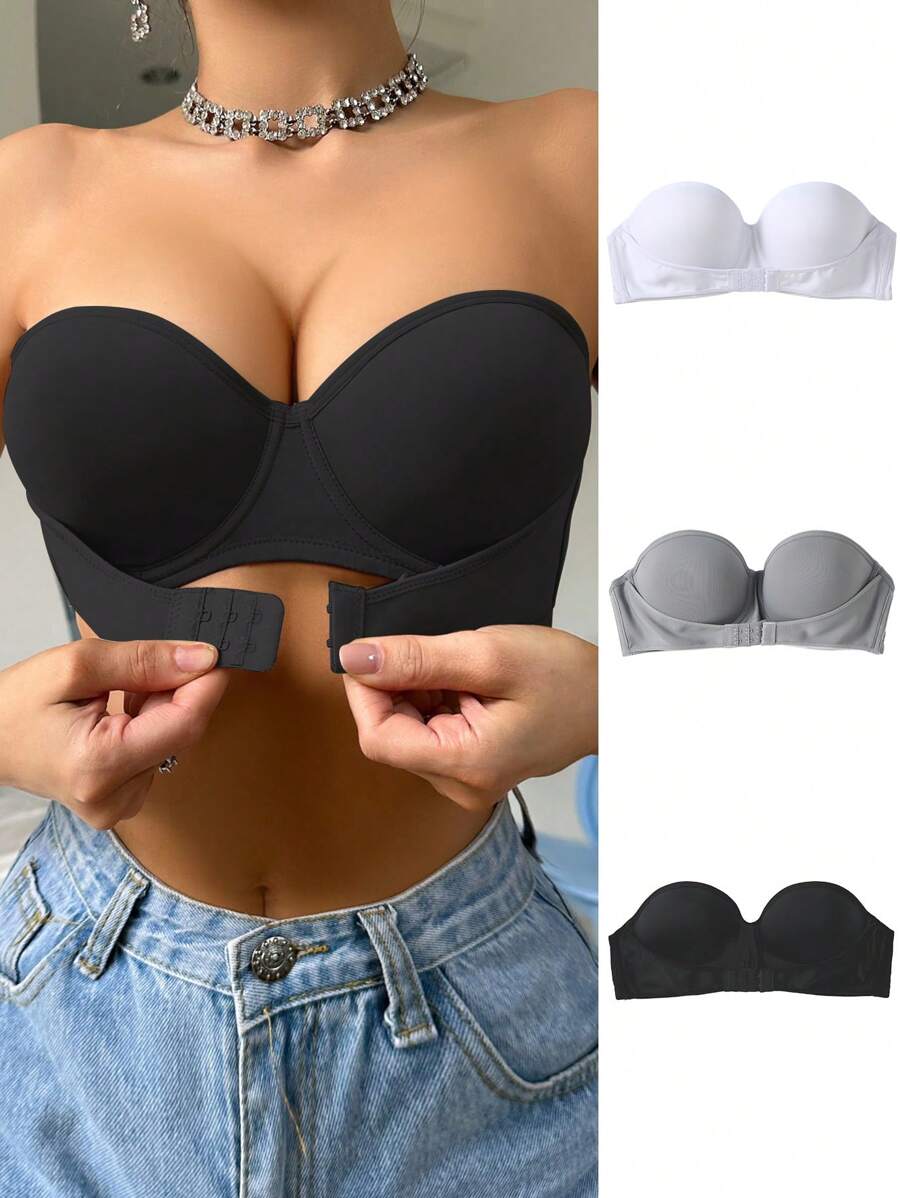 SHEIN 3pcs/Set Women Solid Color Front Button Bandeau Bras - Multicolor - View 1