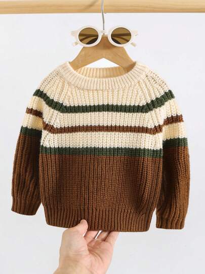 Cozy Pixies Baby Boy Casual Versatile Colorful Striped Crew Neck Long Sleeve Sweater,In Fall/Winter