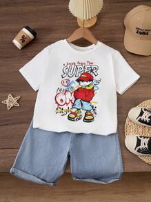 SHEIN Tween Boy's Casual Cartoon Letter Print Crew Neck Short Sleeve T-Shirt And Shorts Set, Summer - White - View 1