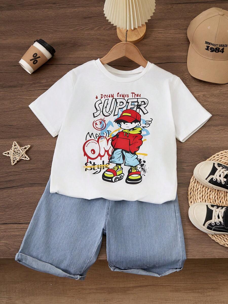 SHEIN Tween Boy's Casual Cartoon Letter Print Crew Neck Short Sleeve T-Shirt And Shorts Set, Summer - White - View 1