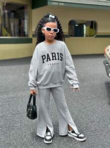 SHEIN Tween Girl Retro Collegiate Knit Crew Neck Long Sleeve Pullover Hoodie Set, Sibling & Me Matching Outfits (Sold Separately In Sets Of 2)