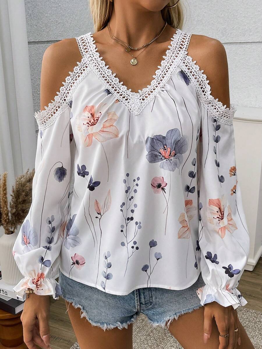 SHEIN LUNE 2024 Thiết Kế Mới Cổ Chữ V Hở Vai In Hoa Tay Dài Thanh Lịch Cho Nữ - trắng - Xem 1