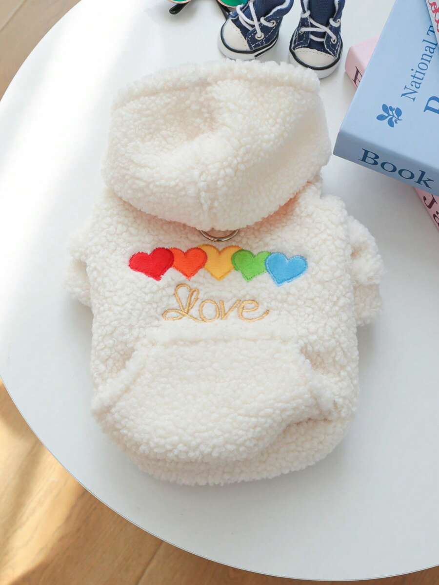 PETSIN 1pc Apricot Plush Pet Hoodie With Colorful Heart & Letter Embroidered, Casual & Cozy Dog Coat For Autumn & Winter - White - View 1