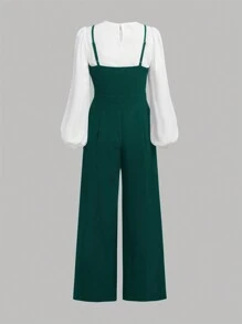 SHEIN 2pcs/Set Teen Girls' Lantern Sleeve Shirt With Knit Camisole And Casual Pants Outfit