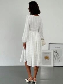 SHEIN Privé Square Neck Shirred Bodice A-Line Dress, Textured Fabric - Beige - View 4