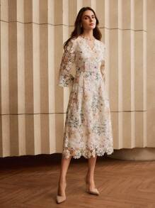 Anewsta 花卉印花缺口领优雅连衣裙 - 白色 - 查看 5