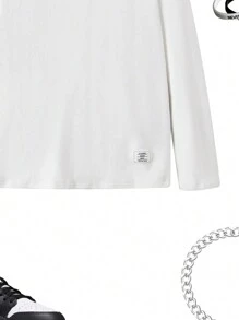 SHEIN 青少年男童买一送一 2件套 休闲舒适百搭高领长袖上衣，黑白两色可选，翻领设计，抓绒双面穿保暖修身T恤 时尚秋冬 - 黑與白 - 查看 5