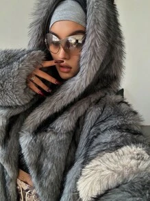 Flirla Plus Size Fluffy Hooded Long Sleeve Furry Coat, Winter Clothes Fall Cloth For Women Autumn - Dark Grey - View 2