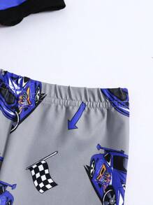 SHEIN 2 件套 男童紧身卡通汽车印花拼色圆领短袖短裤针织睡衣套装 - 藍色 - 查看 6