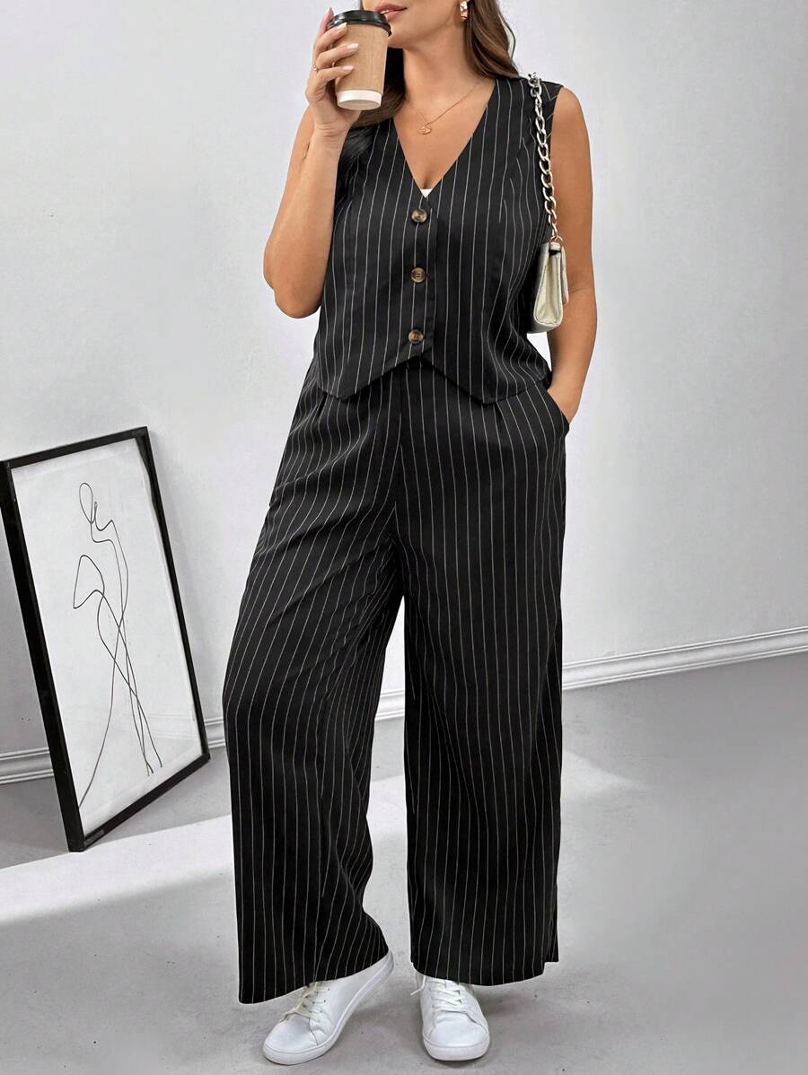 SHEIN Essnce 2pcs Plus Size Women Black & White Striped Suit Set In Fall/Winter - Black and White - View 1