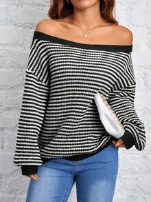 SHEIN PETITE Áo len trễ vai họa tiết sọc ấm áp cho chuyến đi chơi mùa thu đông - màu đen - Xem 5