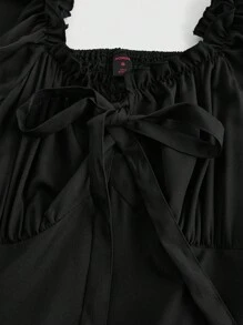 ROMWE Goth Robe longue de unicolore avec col à volants, taille à lacets et manches à volants