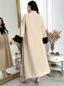Al Najma 大码女式 3D 花卉装饰长袖连衣裙，阿拉伯时尚，阿拉伯服饰端庄优雅连衣裙，卡夫坦 - 杏色 - 查看 2