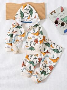 Cozy Pixies 2 件套可爱恐龙印花休闲装，包括连帽衫夹克和松紧腰运动裤，适合男婴秋季套装 - 杏色 - 查看 3