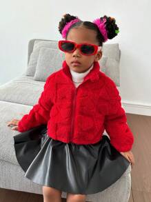SHEIN 年輕女孩拉鍊式毛茸茸外套 - 紅色 - 查看 8