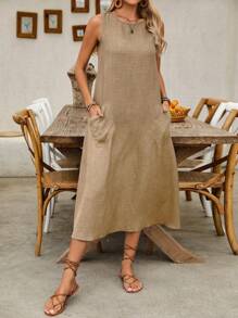 Breezaya Vestido Longo Casual Feminino Sem Mangas com Dois Bolsos, Roupa de Praia e Férias - Caqui - Visão 5