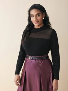BizChic Plus Size Sheer Panel Front Long Sleeve Pullover Sweater - Black - View 3