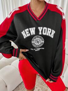 SHEIN SXY Casual Oversized Fleeced Pullover Hoodie With American Style Graphic Print, Warm For Autumn & Winter