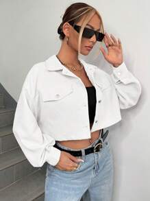 SHEIN EZwear Spring Autumn Casual Short Corduroy Jacket - White - View 4