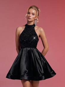 SHEIN Belle 女士优雅、奢华、经典高领、荷叶边、心形领鸡尾酒黑色短裙、新年礼服、半正式舞会礼服，适合生日、婚礼宾客、毕业返校节 - 黑色 - 查看 4