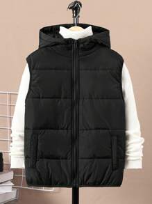 SHEIN Tween Boys' Hooded Quilted Thick Warm Woven Vest,In Fall/Winter - Black - View 7