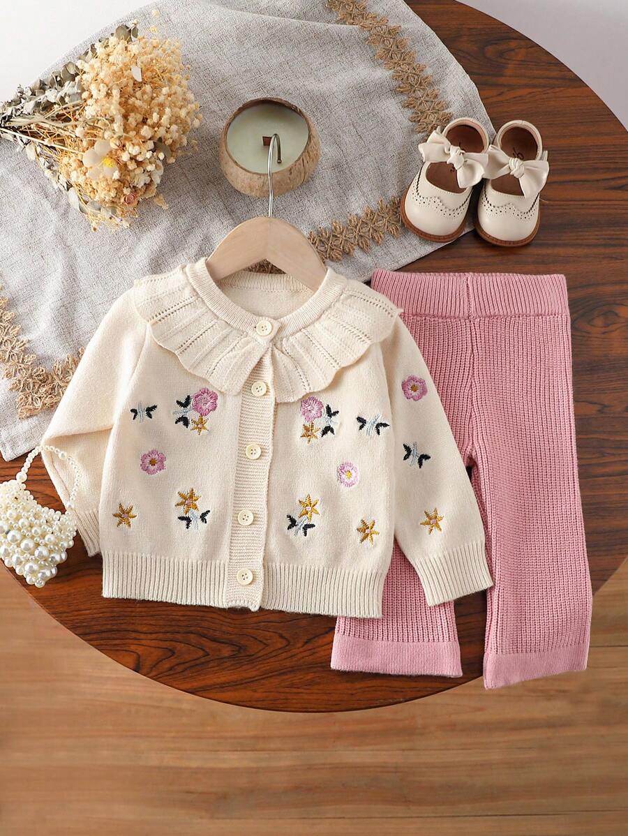 SHEIN 2pcs Baby Girls Fall & Winter Sweater Set - Ruffled Collar Cardigan And Flared Pants, Cute & Elegant - Apricot - View 1