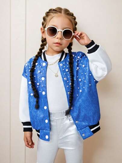 Young Girl Pearl Detail Color Block Striped Trim Drop-Shoulder Loose Fit 3D Denim Effect Jacket