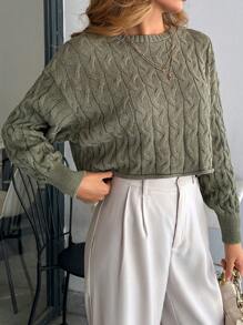 EURMUSE Cable Pattern Pullover Casual Army Green Sweater - Army Green - View 6
